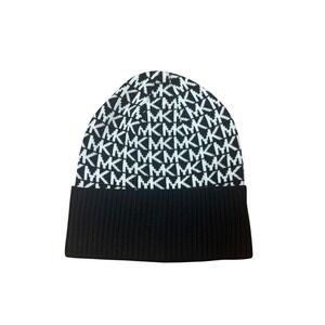 Michael Kors MK Logo Knit Beanie Hat Black White Winter Warm NWOT